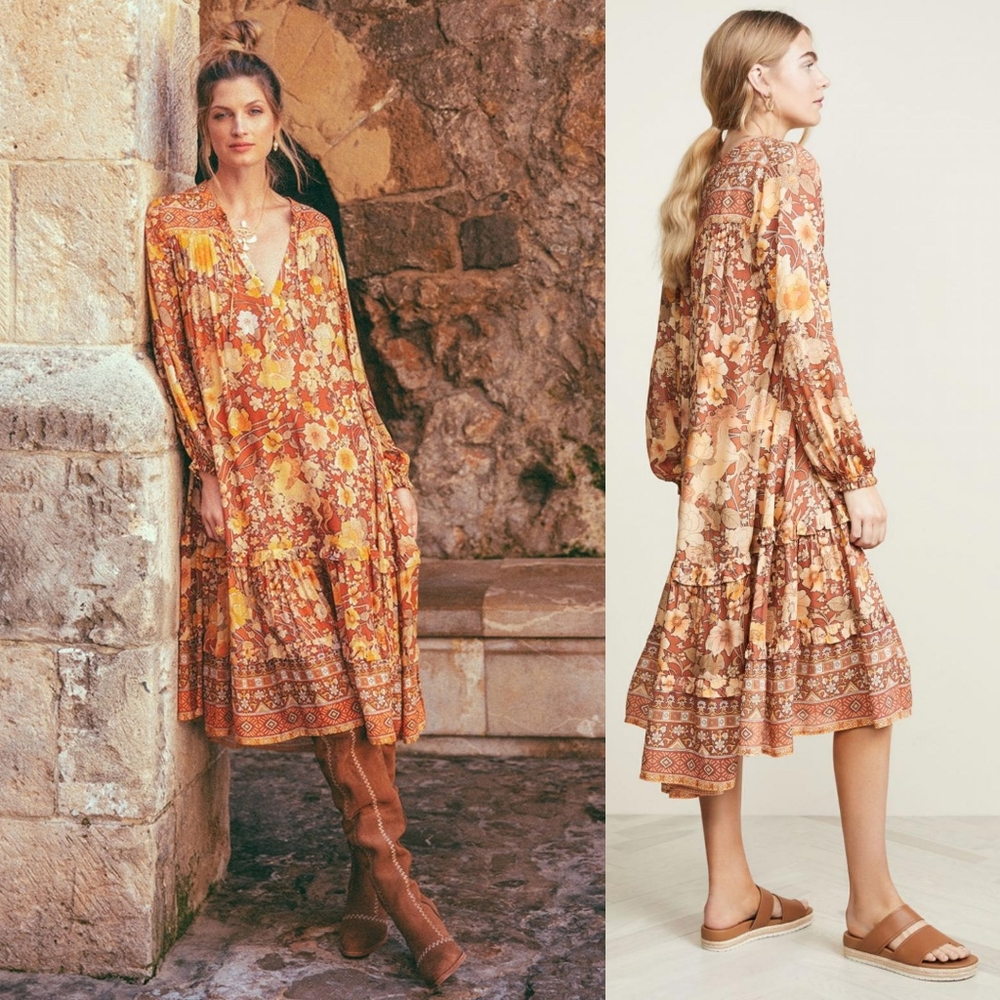 Spell designs Lady Amethyst Amber Boho midi dress gown copper M floral horses - Picture 3 of 16